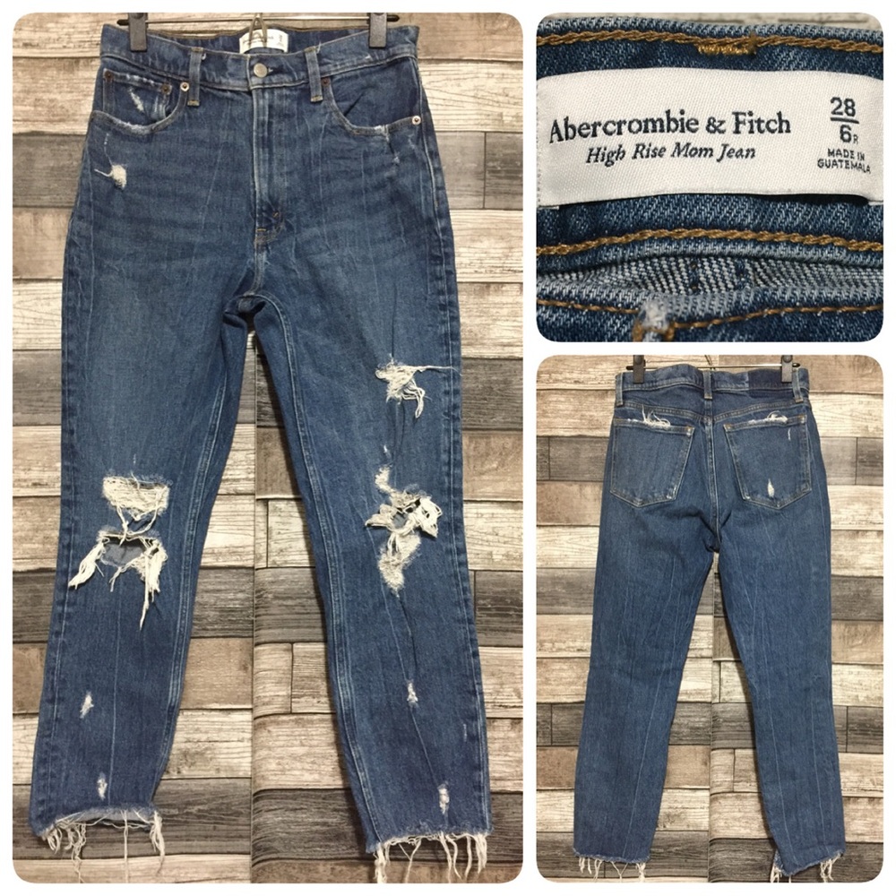 Abercrombie Fitch High Rise Mom Jeans Women’s 28/6R Blue Distressed (Inseam 26)